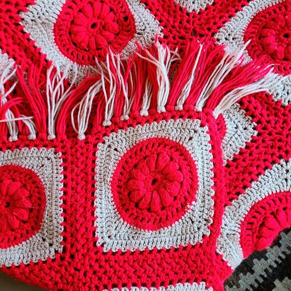 Hand Made Crochet Granny Square Throw Afghan Blanket with Red and Beige Colors. - Picture 4 of 6